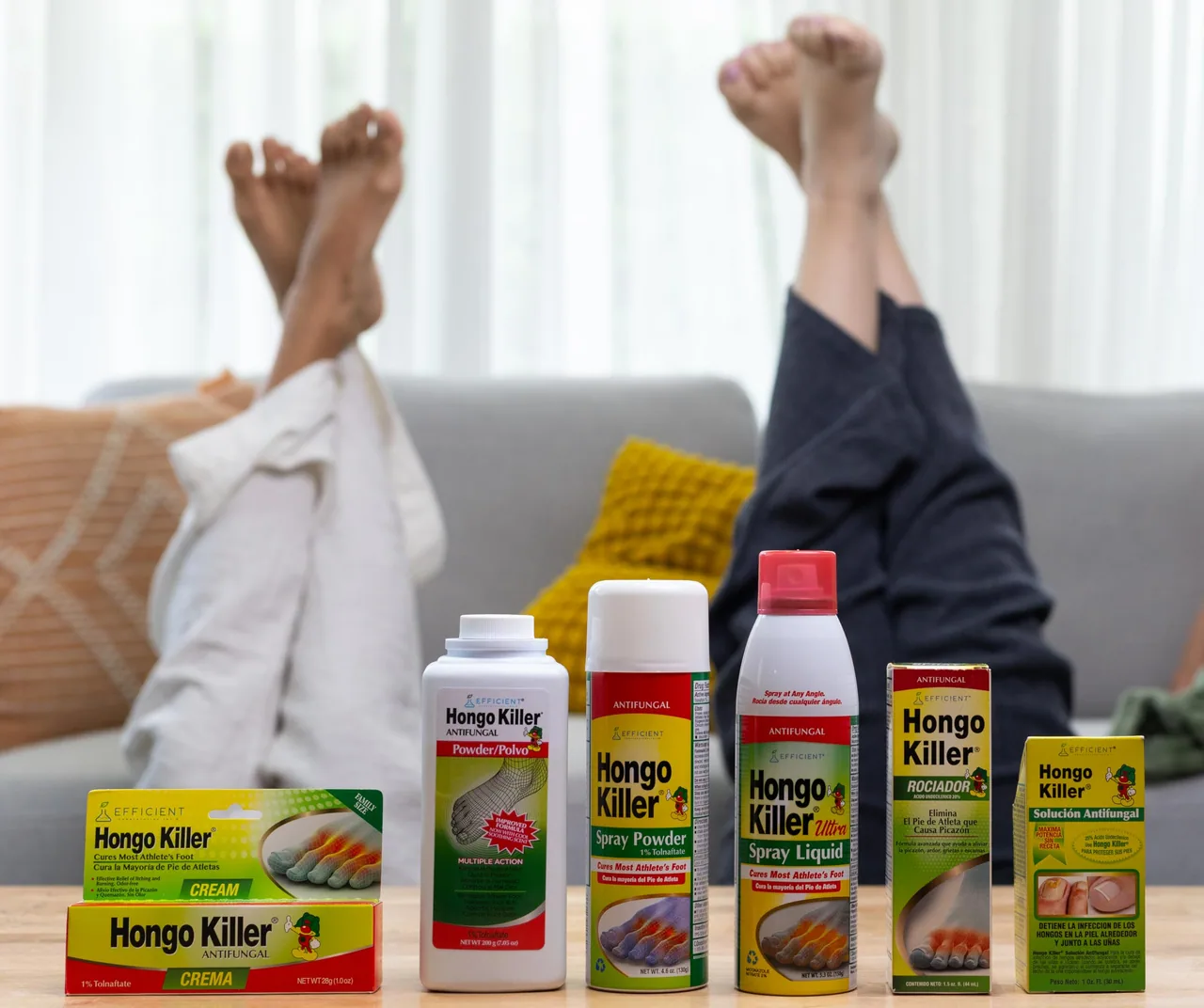 Bare feet up on a sofa behind the Hongo Killer line